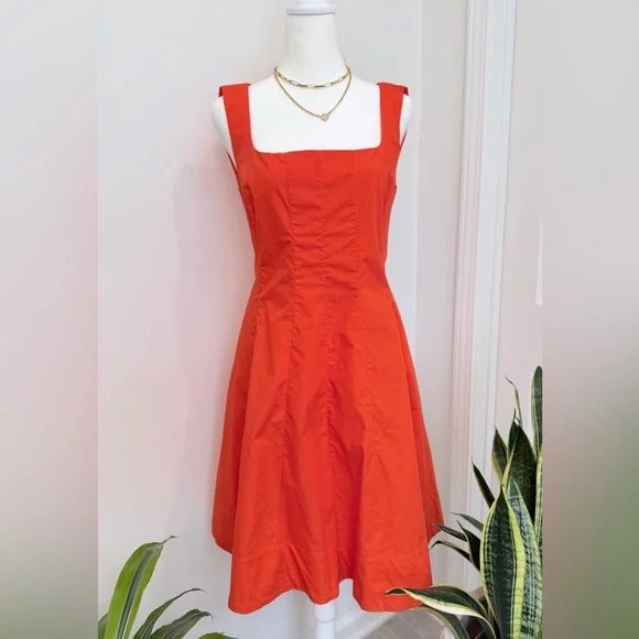 Ann Taylor NWT Orange Fit & Flare Dress Size 2 Cotton Square Neck Midi - Picture 2 of 10